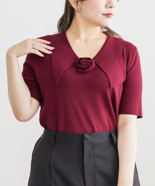 CLETTE(クレット)の「ローズモチーフ襟付きニット(ニット/セーター・レディース・ワイン/サックスブルー/ブラック・3L/LL/4L)」の12枚目の写真