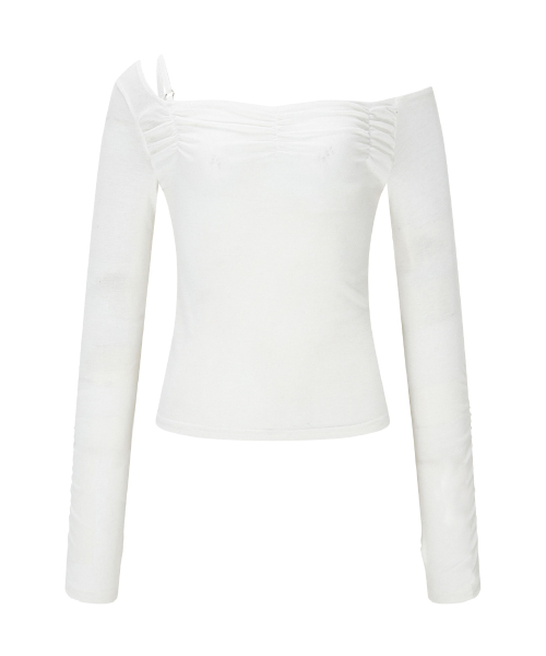 PLEASENOFOLLOW(プリーズノーフォロー)の「Halo Unbal Shirring Long Sleeve Top (White)(Tシャツ/カットソー・レディース・その他・FREE)」の2枚目の写真