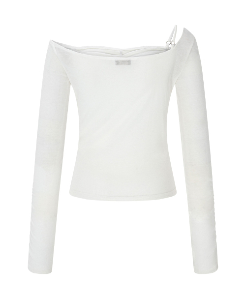 PLEASENOFOLLOW(プリーズノーフォロー)の「Halo Unbal Shirring Long Sleeve Top (White)(Tシャツ/カットソー・レディース・その他・FREE)」の3枚目の写真