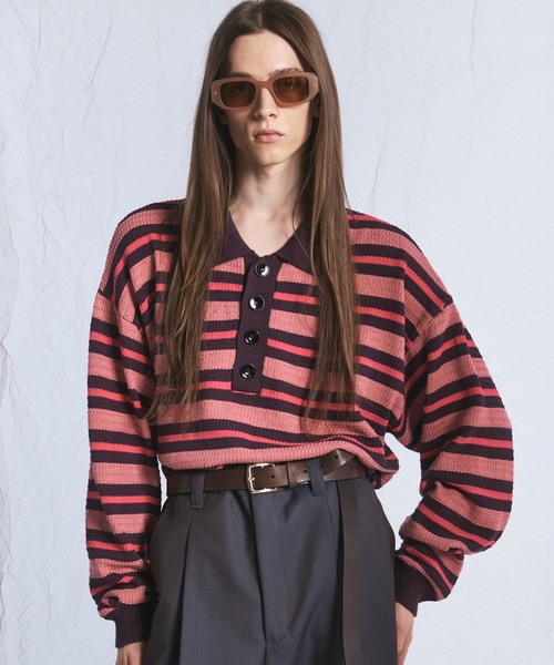 MAISON SPECIAL(メゾンスペシャル)の「《UNISEX》Multi Border Prime-Over Knit Polo Shirt/マルチボーダープライムオーバーニットポロシャツ【MAISON SPECIAL/メゾンスペシャル】(ニット/セーター・メンズ・ライトグリーン/パープル・0/2/1)」の1枚目の写真