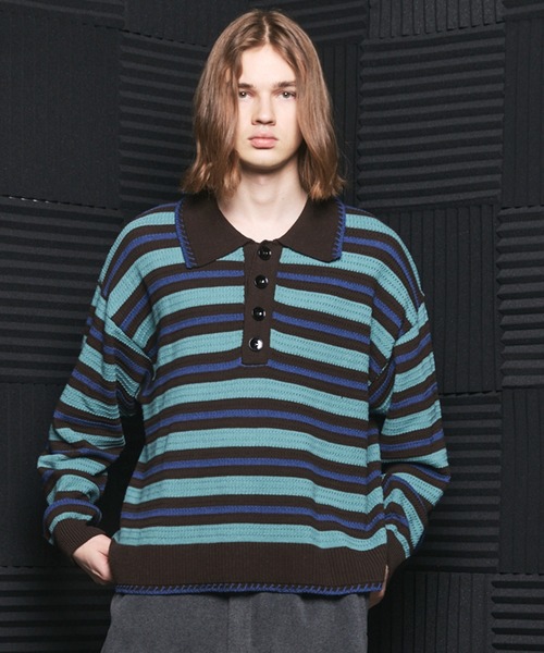 MAISON SPECIAL(メゾンスペシャル)の「《UNISEX》Multi Border Prime-Over Knit Polo Shirt/マルチボーダープライムオーバーニットポロシャツ【MAISON SPECIAL/メゾンスペシャル】(ニット/セーター・メンズ・ライトグリーン/パープル・0/2/1)」の2枚目の写真