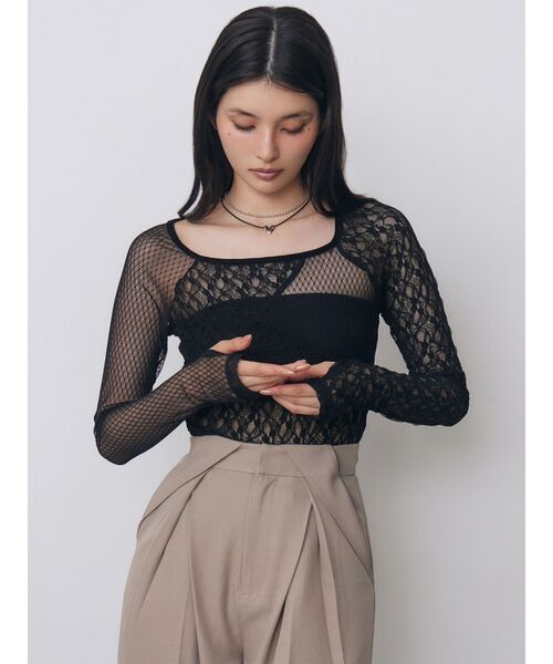 MURUA(ムルーア)の「パッチワークレーストップス(Tシャツ/カットソー・レディース・ブラック/ホワイト・FREE)」の3枚目の写真