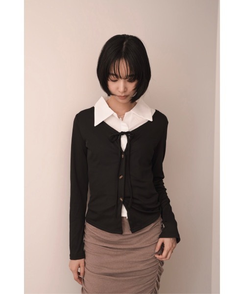 SALTMINT(ソルトミント)の「レイヤード風 ショート丈 長袖 カラー付きトップス(シャツ/ブラウス・レディース・ブラック/グレー・FREE)」の1枚目の写真