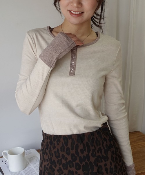 CORNERS(コーナーズ)の「メランジリブヘンリーネックバイカラートップス(Tシャツ/カットソー・レディース・ベージュ系その他/ブラウン/ブラック・M)」の5枚目の写真