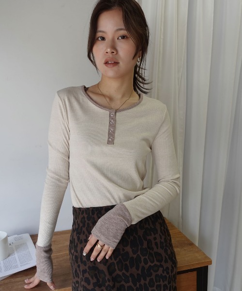 CORNERS(コーナーズ)の「メランジリブヘンリーネックバイカラートップス(Tシャツ/カットソー・レディース・ベージュ系その他/ブラウン/ブラック・M)」の8枚目の写真