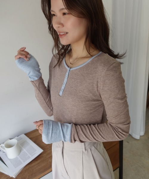 CORNERS(コーナーズ)の「メランジリブヘンリーネックバイカラートップス(Tシャツ/カットソー・レディース・ベージュ系その他/ブラウン/ブラック・M)」の9枚目の写真