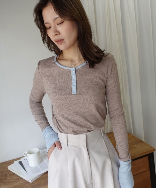 CORNERS(コーナーズ)の「メランジリブヘンリーネックバイカラートップス(Tシャツ/カットソー・レディース・ベージュ系その他/ブラウン/ブラック・M)」の12枚目の写真