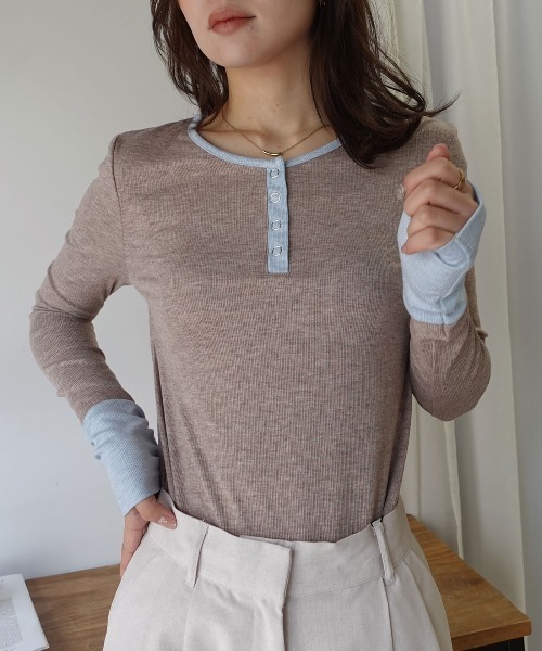 CORNERS(コーナーズ)の「メランジリブヘンリーネックバイカラートップス(Tシャツ/カットソー・レディース・ベージュ系その他/ブラウン/ブラック・M)」の13枚目の写真