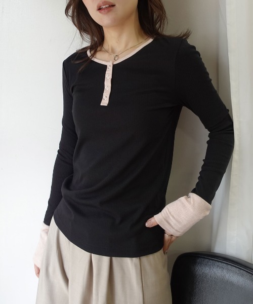 CORNERS(コーナーズ)の「メランジリブヘンリーネックバイカラートップス(Tシャツ/カットソー・レディース・ベージュ系その他/ブラウン/ブラック・M)」の14枚目の写真