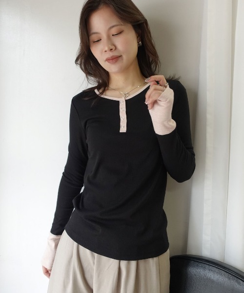 CORNERS(コーナーズ)の「メランジリブヘンリーネックバイカラートップス(Tシャツ/カットソー・レディース・ベージュ系その他/ブラウン/ブラック・M)」の15枚目の写真