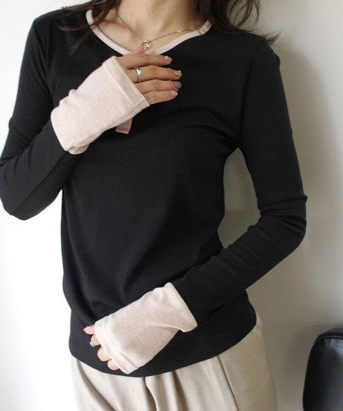 CORNERS(コーナーズ)の「メランジリブヘンリーネックバイカラートップス(Tシャツ/カットソー・レディース・ベージュ系その他/ブラウン/ブラック・M)」の17枚目の写真