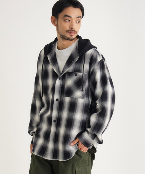 BACK NUMBER(バックナンバー)の「フード付きオンブレチェックシャツ(シャツ/ブラウス・メンズ・ブラック系1/ベージュ系1/ブルー系1・03/04/05/06)」の4枚目の写真