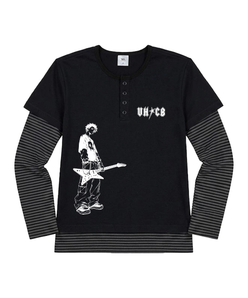 VENHIT(ベンヒット)の「ロッキー ストライプレイヤード ルーズフィットスリーブ(Tシャツ/カットソー・レディース・ライトブルー/ブラック/バーガンディー・FREE)」の4枚目の写真