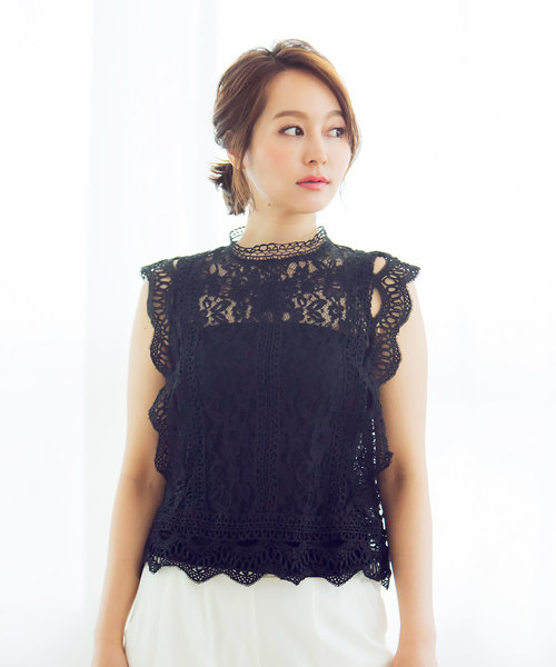 KOBE LETTUCE（コウベレタス）の「総レースデザインハイネックノースリーブブラウス（シャツ/ブラウス・レディース・ネイビー/ブラック/オフホワイト/モカ/ミント・FREE）」の5枚目の写真