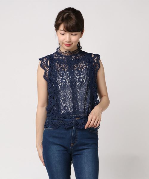 KOBE LETTUCE（コウベレタス）の「総レースデザインハイネックノースリーブブラウス（シャツ/ブラウス・レディース・ネイビー/ブラック/オフホワイト/モカ/ミント・FREE）」の10枚目の写真