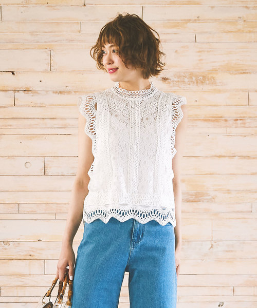 KOBE LETTUCE（コウベレタス）の「総レースデザインハイネックノースリーブブラウス（シャツ/ブラウス・レディース・ネイビー/ブラック/オフホワイト/モカ/ミント・FREE）」の12枚目の写真