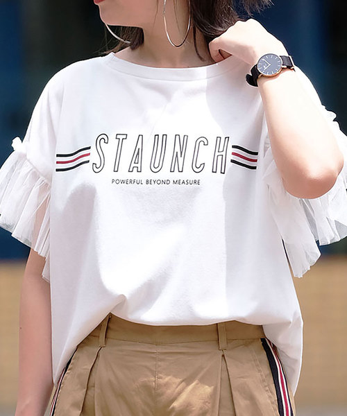ANDJ(アンドジェイ)の「袖フリルチュール切り替えラインロゴTシャツ(Tシャツ/カットソー)」|ホワイト