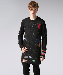 RAF SIMONS | Long sweater w / patches & striped ribbing(スウェット)