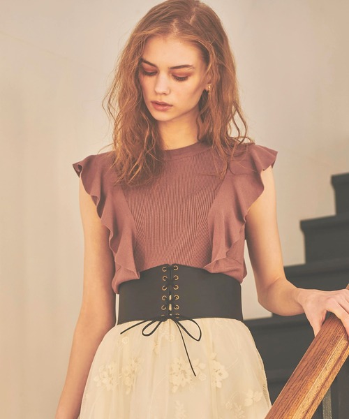 NOELA（ノエラ）の「フリルリブニット（ニット/セーター・レディース・ベージュ/オフホワイト/オレンジ・FREE）」の3枚目の写真