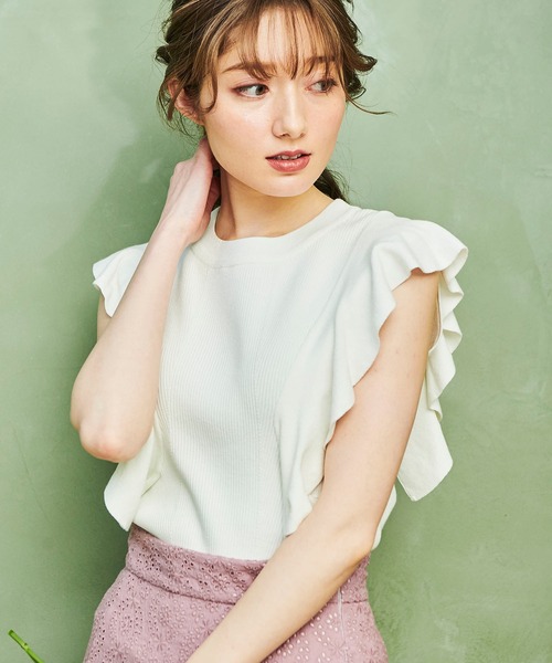 NOELA（ノエラ）の「フリルリブニット（ニット/セーター・レディース・ベージュ/オフホワイト/オレンジ・FREE）」の2枚目の写真