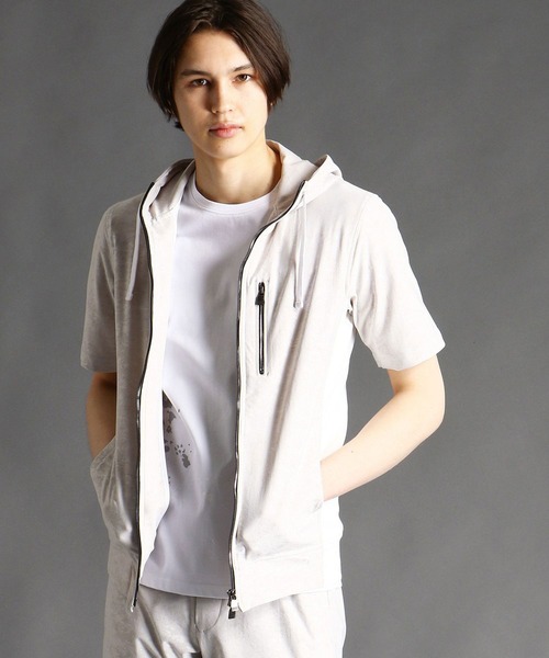 MONSIEUR NICOLE(ムッシュニコル)の「ジャカードジャージショートスリーブフーディー(パーカー・メンズ・ライトグレー/ブルー・MEDIUM/LARGE)」の2枚目の写真