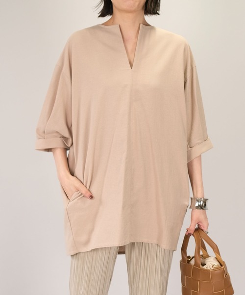 ANDJ(アンドジェイ)の「リネンタッチキーネックカシュクールチュニック(シャツ/ブラウス・レディース・アイボリー/マスタード/ライトベージュ・M)」の17枚目の写真