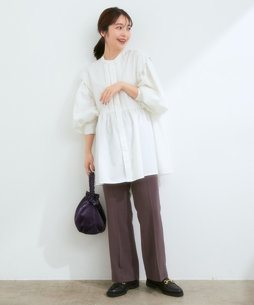 VIS（ビス）の「【セットアップ対応】柔らか質感。ピーチ起毛美脚フレアパンツ（スラックス・レディース・ダークブラウン/ベージュ系その他/モスグリーン・M/S）」の16枚目の写真