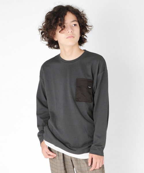 GLAZOS（グラソス）の「厚手天竺・ドロップショルダーフラップポケット付き裾レイヤード長袖Tシャツ（Tシャツ/カットソー・キッズ・チャコールグレー/グレー/カーキ/オレンジ・130cm/140cm/150cm/160cm/170cm）」の2枚目の写真