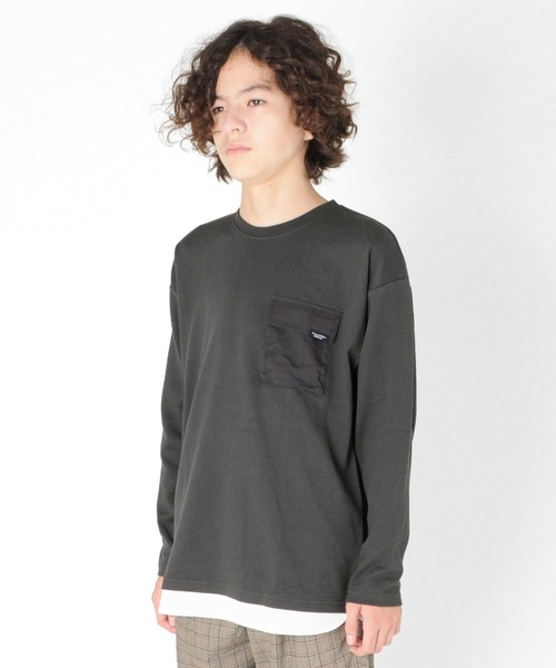 GLAZOS（グラソス）の「厚手天竺・ドロップショルダーフラップポケット付き裾レイヤード長袖Tシャツ（Tシャツ/カットソー・キッズ・チャコールグレー/グレー/カーキ/オレンジ・130cm/140cm/150cm/160cm/170cm）」の7枚目の写真