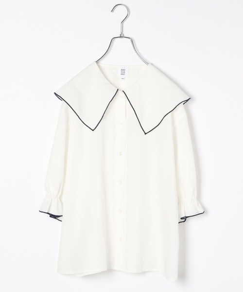 GLOBAL WORK（グローバルワーク）の「【AND YUA ANY】パイピングセーラーブラウス/959198（シャツ/ブラウス・キッズ・ホワイト/ライトブルー・150cm/160cm）」の3枚目の写真