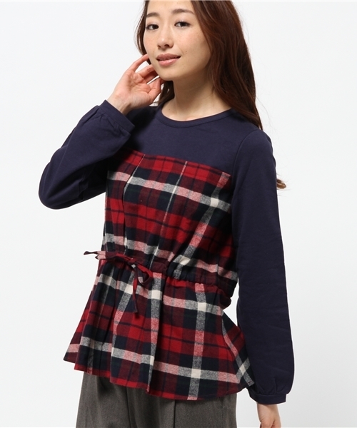 OUTLET(アウトレット)の「【Ciaopanic】ネルチェック×ミニ裏毛ドッキングプルオーバー(Tシャツ/カットソー・レディース・グリーン/レッド・FREE)」の2枚目の写真