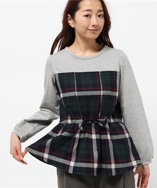 OUTLET(アウトレット)の「【Ciaopanic】ネルチェック×ミニ裏毛ドッキングプルオーバー(Tシャツ/カットソー・レディース・グリーン/レッド・FREE)」の1枚目の写真