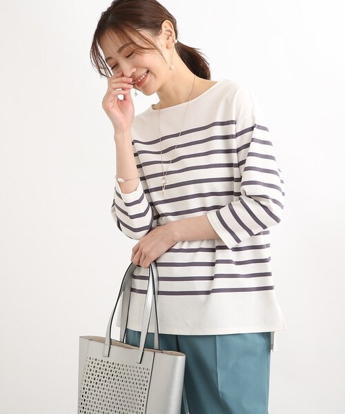 Reflect(リフレクト)の「◆【WEB限定カラーあり/UVカット/接触冷感/洗える】パネルボーダーカットソー(Tシャツ/カットソー・レディース・ネイビー系2/オリーブ系2/グレー系その他3/イエロー系2/ピンク系/ライトグリーン系2・11/15 /17/13/09/07)」の2枚目の写真