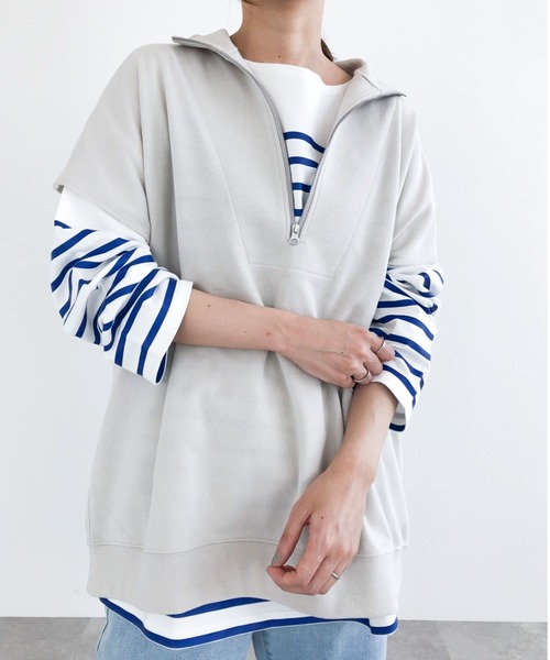 LEPSIM(レプシィム)の「ハーフZIPフレンチスリーブプルオーバー 274280(Tシャツ/カットソー・レディース・チャコールグレー/オレンジ/グリーン/グレイッシュベージュ・FREE)」の3枚目の写真