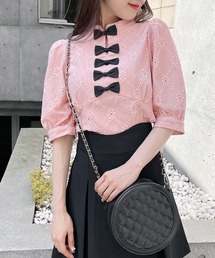 ラインリボンパワショル5分袖トップス