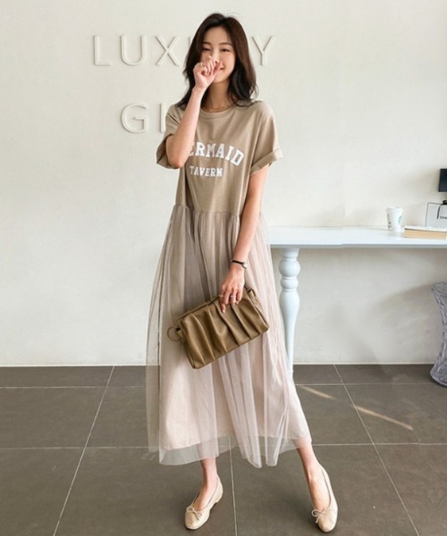 GLAMOROUS JANE（グラマラスジェーン）の「ロゴTシャツチュールワンピース（ワンピース・レディース・ベージュ/ホワイト/ブラック・L/LL）」の6枚目の写真