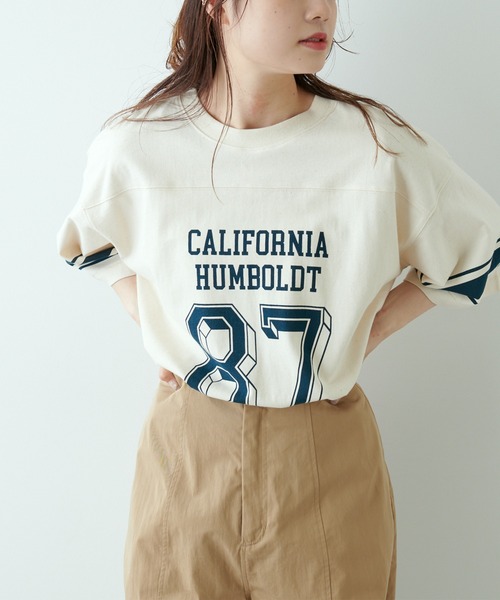 PUAL CE CIN（ピュアルセシン）の「フットボールTシャツ（Tシャツ/カットソー・レディース・グリーン/ナチュラル/グレイッシュベージュ・FREE）」の5枚目の写真