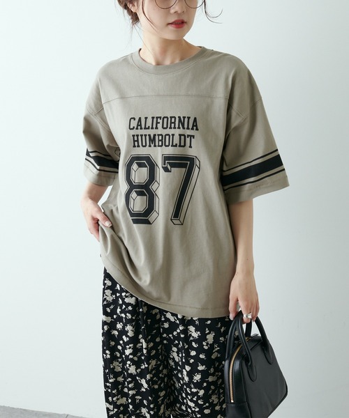 PUAL CE CIN（ピュアルセシン）の「フットボールTシャツ（Tシャツ/カットソー・レディース・グリーン/ナチュラル/グレイッシュベージュ・FREE）」の8枚目の写真