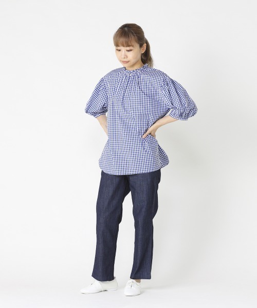 先染めシャンブレー ミモザ&ドット刺繍コクーンスリーブブラウス