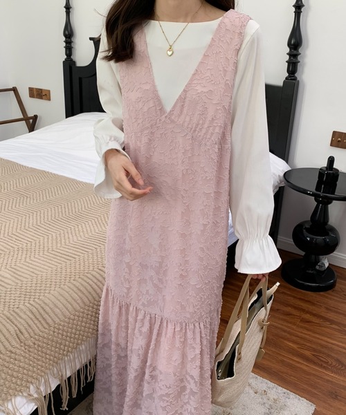 ECLIN（エクラン）の「シアージャガードレースキャミソールワンピース（ワンピース・レディース・ホワイト/ブラック/ベージュ/グリーン/ブルー/ピンク/ネイビー・M/L）」の7枚目の写真