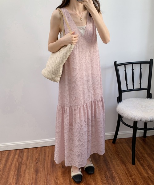 ECLIN（エクラン）の「シアージャガードレースキャミソールワンピース（ワンピース・レディース・ホワイト/ブラック/ベージュ/グリーン/ブルー/ピンク/ネイビー・M/L）」の19枚目の写真