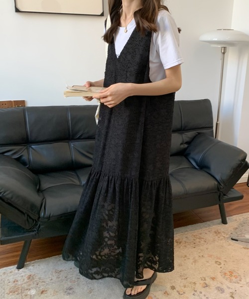 ECLIN（エクラン）の「シアージャガードレースキャミソールワンピース（ワンピース・レディース・ホワイト/ブラック/ベージュ/グリーン/ブルー/ピンク/ネイビー・M/L）」の10枚目の写真