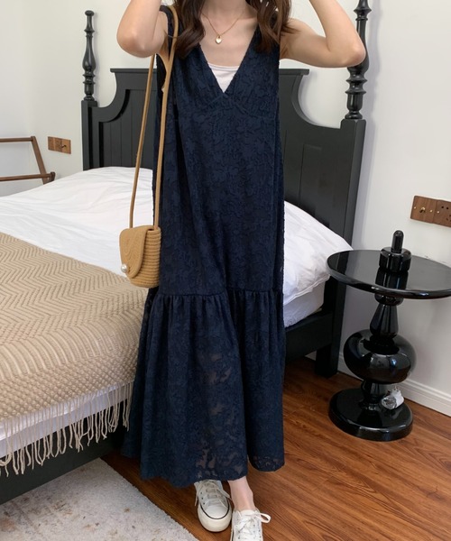 ECLIN（エクラン）の「シアージャガードレースキャミソールワンピース（ワンピース・レディース・ホワイト/ブラック/ベージュ/グリーン/ブルー/ピンク/ネイビー・M/L）」の14枚目の写真