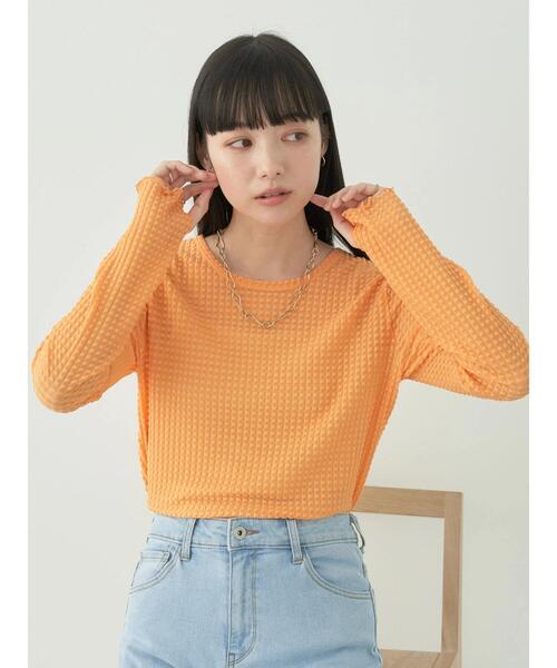 earth music&ecology（アースミュージックアンドエコロジー）の「シアーギンガムクルーネックプルオーバー（Tシャツ/カットソー・レディース・グリーン/オレンジ/ラベンダー/アイボリー/ブラック/サックスブルー・S/M）」の9枚目の写真