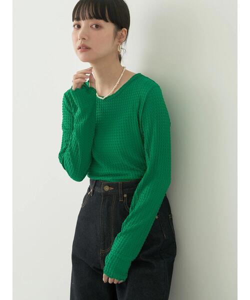 earth music&ecology（アースミュージックアンドエコロジー）の「シアーギンガムクルーネックプルオーバー（Tシャツ/カットソー・レディース・グリーン/オレンジ/ラベンダー/アイボリー/ブラック/サックスブルー・S/M）」の10枚目の写真