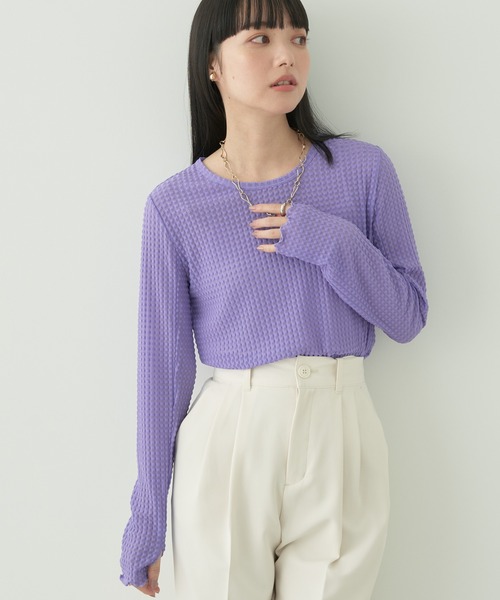 earth music&ecology（アースミュージックアンドエコロジー）の「シアーギンガムクルーネックプルオーバー（Tシャツ/カットソー・レディース・グリーン/オレンジ/ラベンダー/アイボリー/ブラック/サックスブルー・S/M）」の5枚目の写真