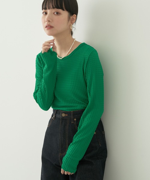 earth music&ecology（アースミュージックアンドエコロジー）の「シアーギンガムクルーネックプルオーバー（Tシャツ/カットソー・レディース・グリーン/オレンジ/ラベンダー/アイボリー/ブラック/サックスブルー・S/M）」の3枚目の写真