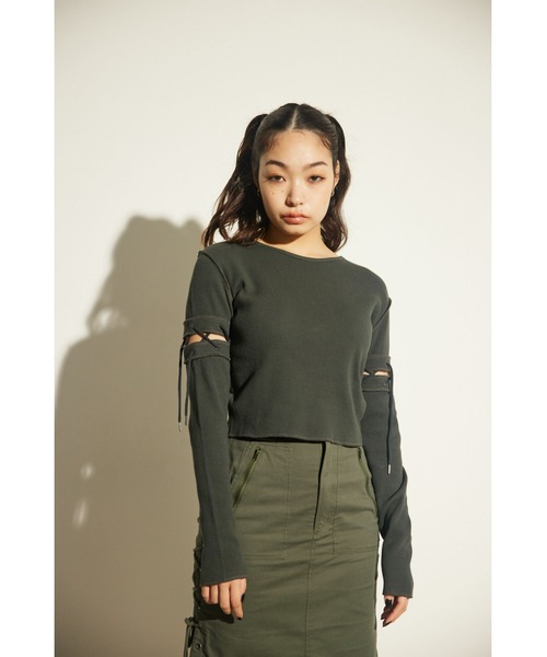 LAGUA GEM(ラグアジェム)の「2WAY LACE UP THERMAL トップス(Tシャツ/カットソー・レディース・オフホワイト/レッド/ライトブラック・FREE)」の21枚目の写真