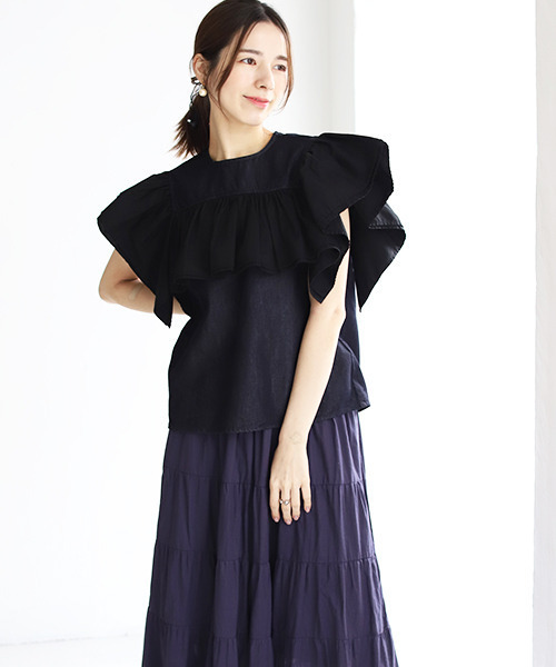 REAL CUBE（リアルキューブ）の「ダブルフリルスリーブデニムブラウス（シャツ/ブラウス・レディース・ダークネイビー・M）」の3枚目の写真