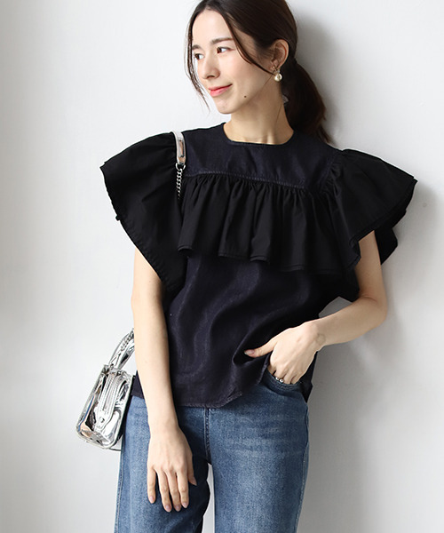 REAL CUBE（リアルキューブ）の「ダブルフリルスリーブデニムブラウス（シャツ/ブラウス・レディース・ダークネイビー・M）」の2枚目の写真